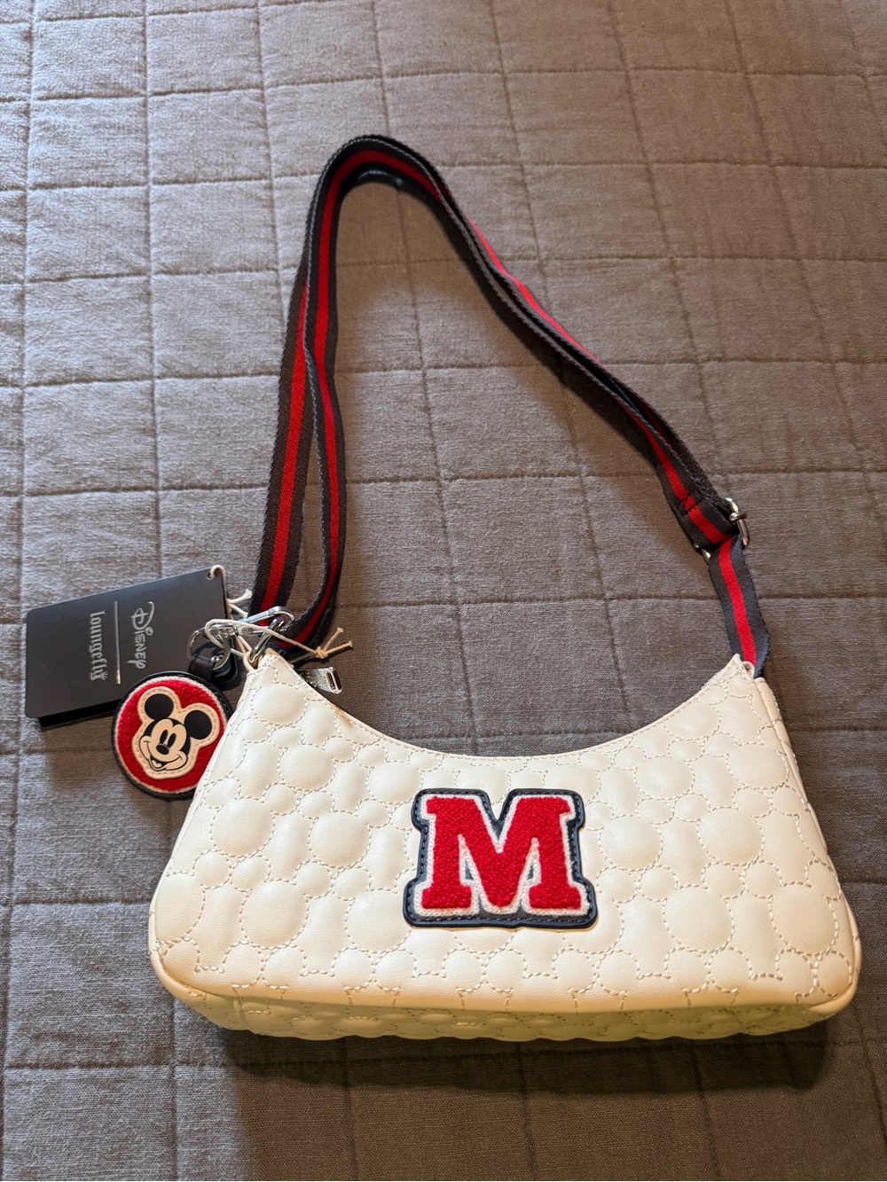 Loungefly Disney x White Quilted Shoulder Bag with Red 'M' Patch